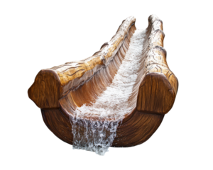 realistic log flume ride with water splashing over edges, isolated on transparency background, showcasing wooden texture and dynamic motion