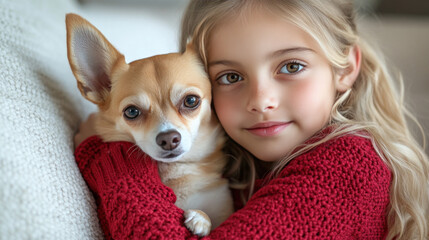Caucasian girl playing with chihuahua dog pet in living room, wearing knitted sweater