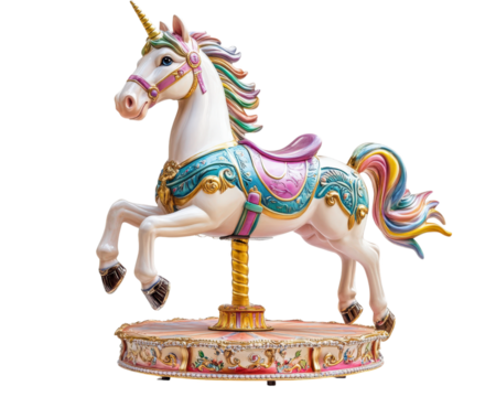 colorful, realistic unicorn merry go round horse with intricate details and vibrant hues, isolated on transparency background, evokes sense of whimsy and nostalgia