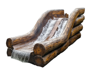 realistic log flume ride with flowing water, isolated on transparency background, showcasing detailed wooden textures and dynamic water movement