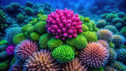 Pink and green bioluminescent Blastomussa and pineapple corals illuminate the Great Barrier Reef from above.