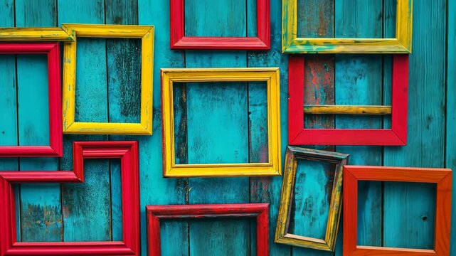 Colorful empty frames arranged on a vibrant blue wooden background create an artistic display