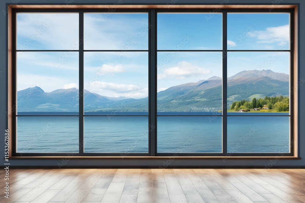 Poster tranquil waters and distant mountains create a serene escape in bright room. generative ai