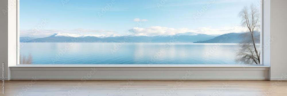 Poster serene lake view from a modern interior setting during a calm day. generative ai
