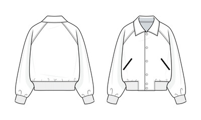 Varsity Jacket technical fashion illustration. varsity jacket vector template illustration. front and back view. relaxed fit. raglan sleeves. unisex. button-up front. White color. CAD mockup.