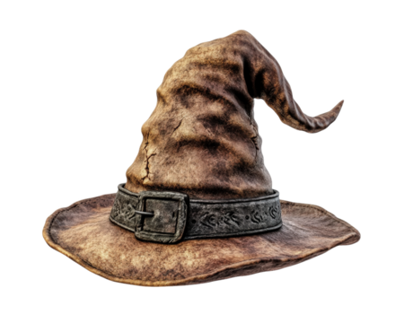 moonlit mage hat with weathered texture and detailed buckle, isolated on transparency background, evokes sense of mystery and magic