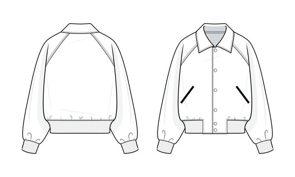 Varsity Jacket technical fashion illustration. varsity jacket vector template illustration. front and back view. relaxed fit. raglan sleeves. unisex. button-up front. White color. CAD mockup.