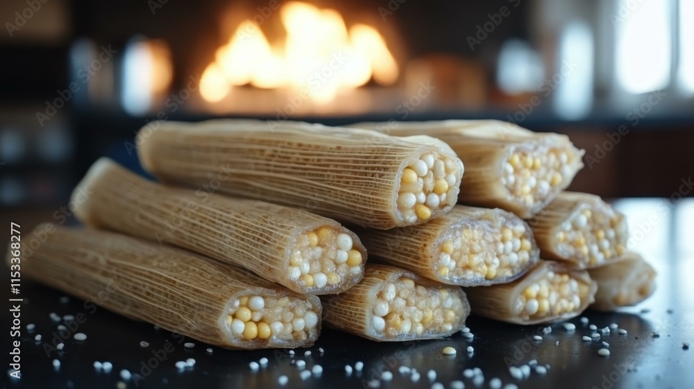 Poster corn cobs. stacked dried corn cobs closeup with kernels on table autum