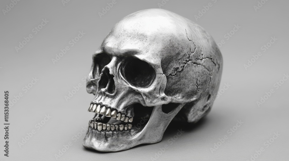Poster a metallic skull rendering with fine cracks, emphasizing the bone structure and natural wear. the cl