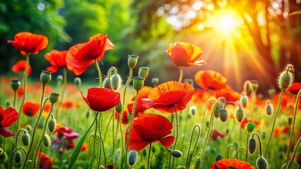 Stunning Poppy Flower Garden Wallpaper: Vibrant Red Blooms in Full Bloom