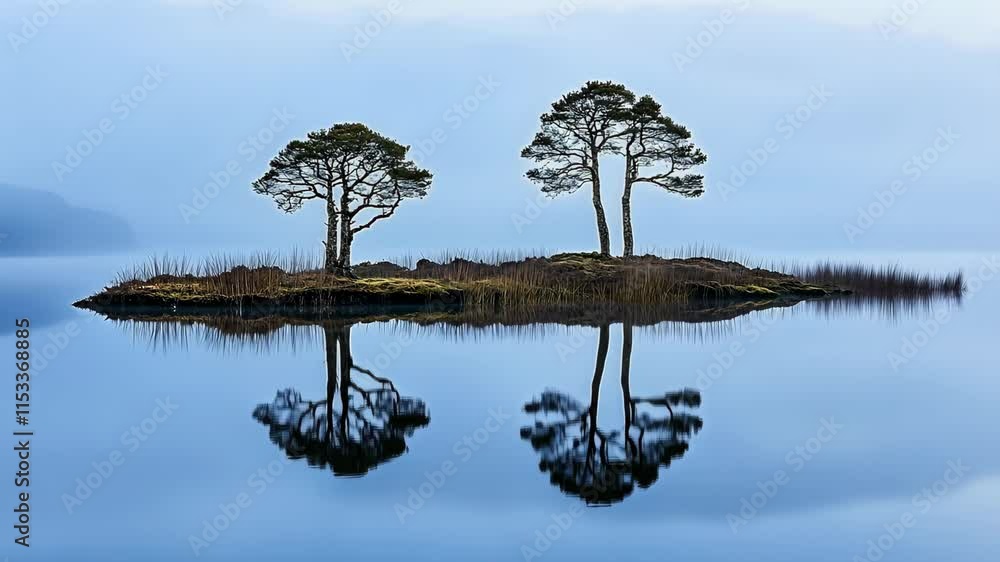 Poster reflections of trees on a calm lake at dawn with mist enveloping the surrounding landscape