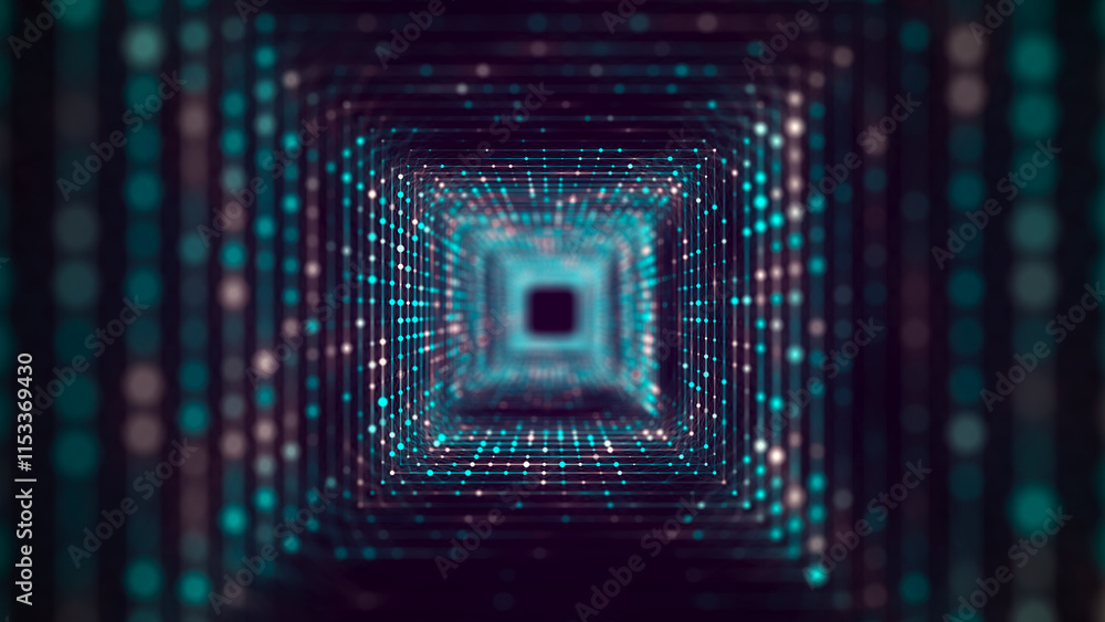 Poster cyber square tunnel consisting of moving glowing points. futuristic infinite space background. conce