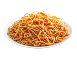 plate of chow mein noodles on white dish, showcasing delicious and appetizing presentation. noodles are golden and perfectly cooked, ideal for savory meal