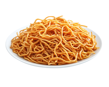 plate of chow mein noodles on white dish, showcasing delicious and appetizing presentation. noodles are golden and perfectly cooked, ideal for savory meal