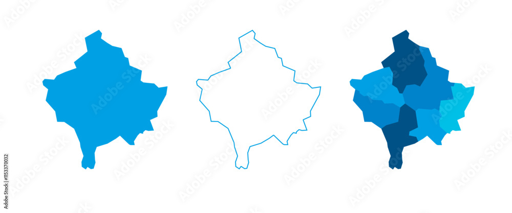 Poster kosovo set of three maps - solid map, outline map and map highlighting administrative divisions. thr