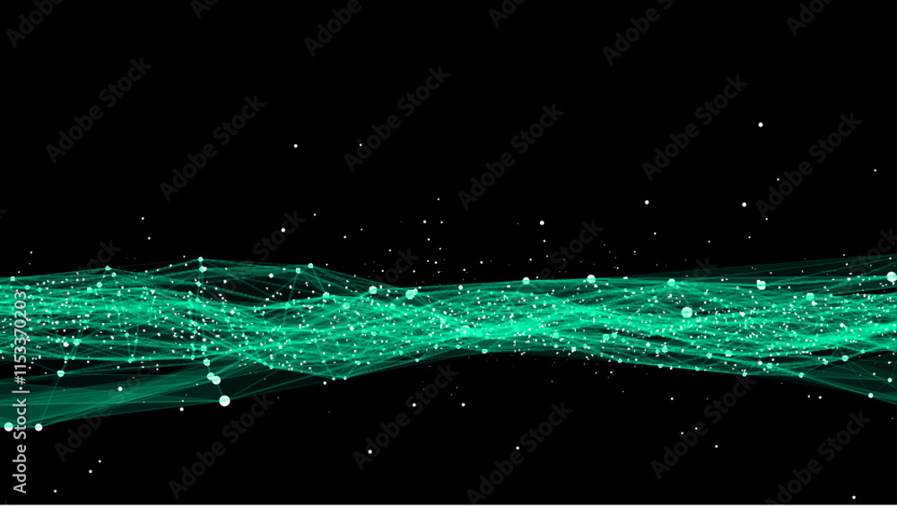 Poster green futuristic moving wave. digital background with moving glowing particles and lines. big data v