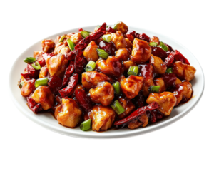 plate of General Tso chicken with vibrant red chilies and green onions, showcasing glossy, savory sauce. dish is appetizing and colorful, perfect for flavorful meal