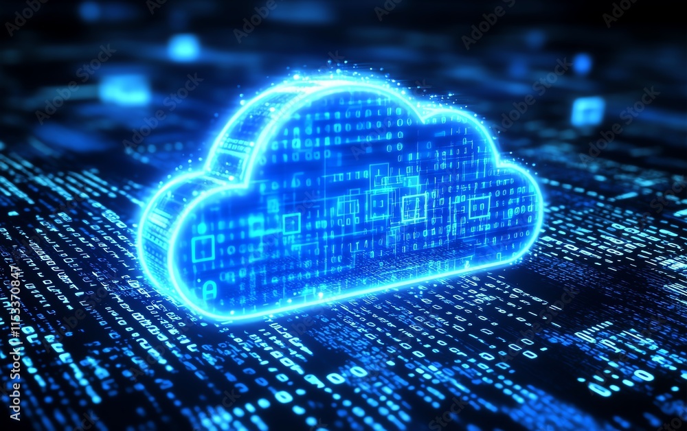 Poster a blue digital cloud symbol glowing brightly, symbolizing cloud technology and data storage, surroun