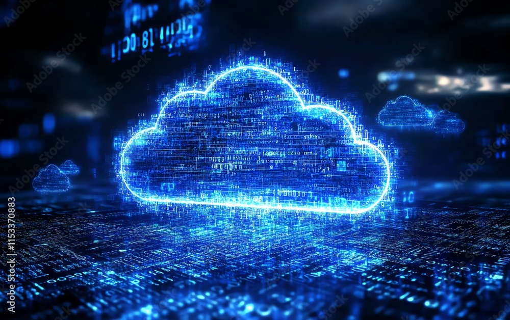 Poster a blue digital cloud symbol glowing brightly, symbolizing cloud technology and data storage, surroun