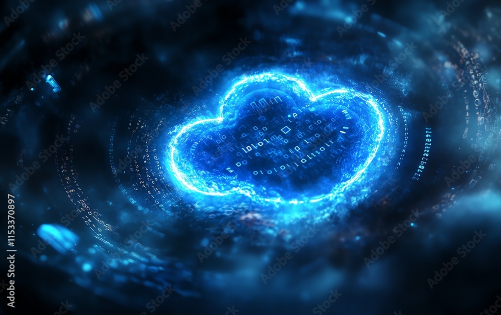 Poster a blue digital cloud symbol glowing brightly, symbolizing cloud technology and data storage, surroun