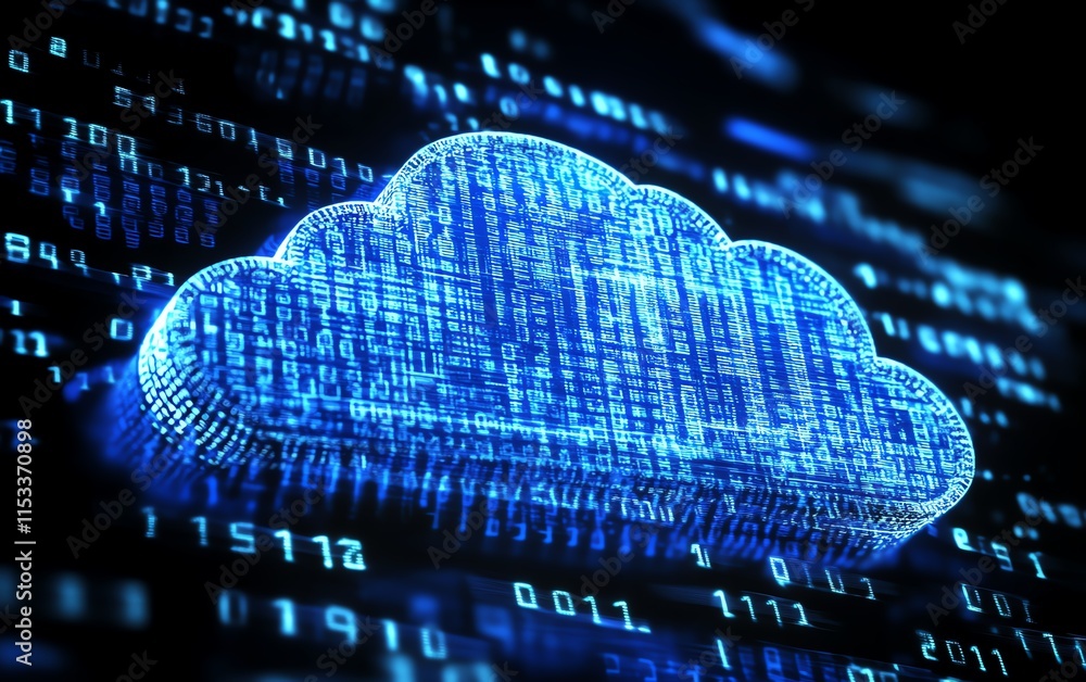 Poster a blue digital cloud symbol glowing brightly, symbolizing cloud technology and data storage, surroun