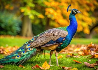Obraz premium Stunning candid shot: Peacock's regal walk across leaves and grass in a peaceful park.