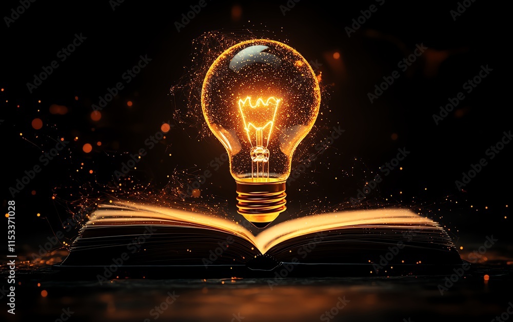 Poster a bright light bulb floating above an open book, representing the flow of ideas and inspiration, set