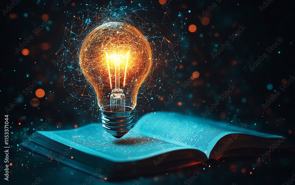 Poster a bright light bulb floating above an open book, representing the flow of ideas and inspiration, set