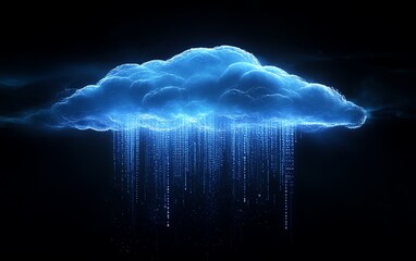 A blue glowing digital cloud with binary code cascading around it, symbolizing cloud computing and storage technology, set against a dark background