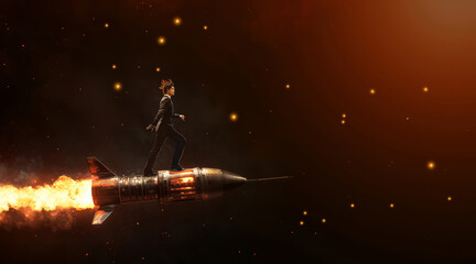 Generated ImageStartup and success. A businessman flying fast and up high on a rocket into the sky. Business progress, moving forward, success, achievement, and challenge