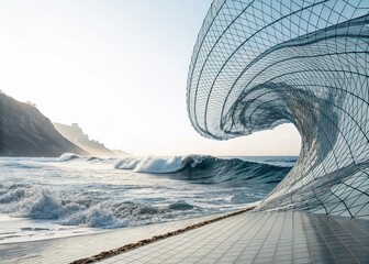 Abstract 3D Wireframe Waves: Futuristic Mesh Technology Background