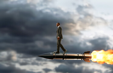 Generated ImageStartup and success. A businessman flying fast and up high on a rocket into the sky. Business progress, moving forward, success, achievement, and challenge