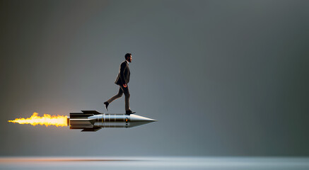 Generated ImageStartup and success. A businessman flying fast and up high on a rocket into the sky. Business progress, moving forward, success, achievement, and challenge