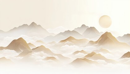 Light-colored background, mountains made of clouds and mist in the distance, Stereoscopic mountain range，vector illustration style, light gray and gold, flowing brushwork, landscape painting in the st