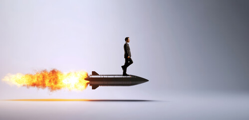 Generated ImageStartup and success. A businessman flying fast and up high on a rocket into the sky. Business progress, moving forward, success, achievement, and challenge