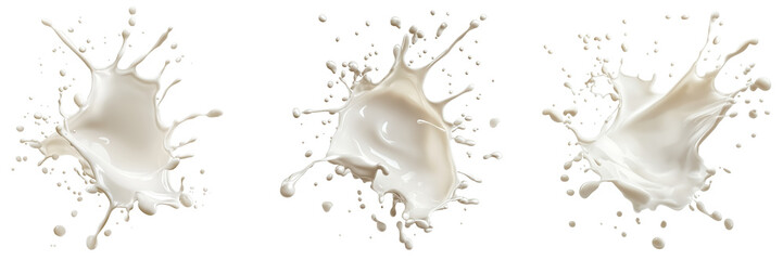 Collection of liquid milk splashing on transparent background