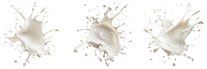 Collection of liquid milk splashing on transparent background
