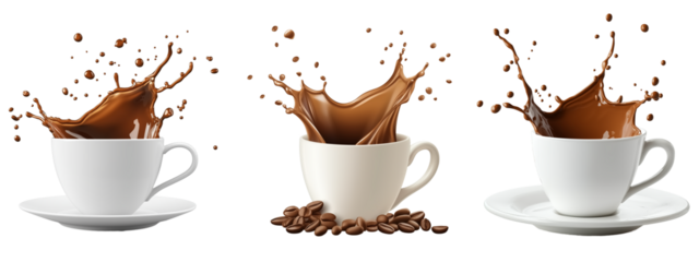 Cup of coffee splashing on transparent background