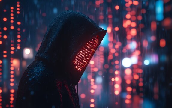 A dark silhouette in a hoodie with a binary code face, representing the anonymity of a hacker or programmer, surrounded by glowing data streams and tech patterns