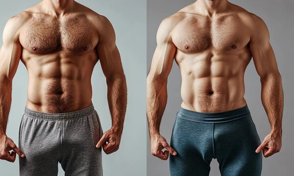 Muscular Man's Torso, Before and After, Showing Defined Abs and Chest