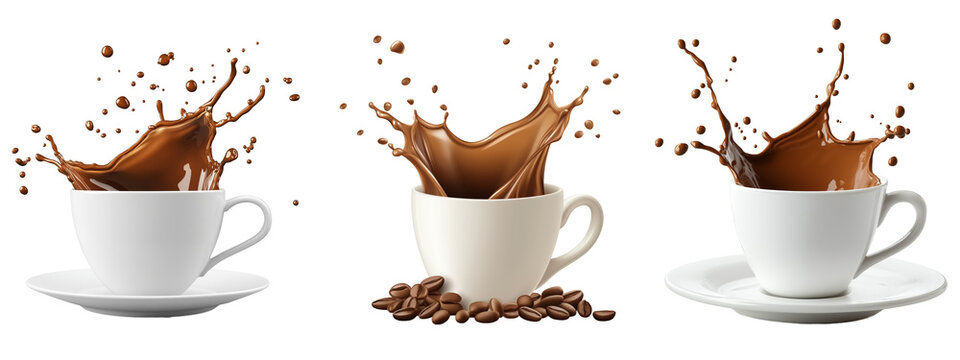 Cup of coffee splashing on transparent background