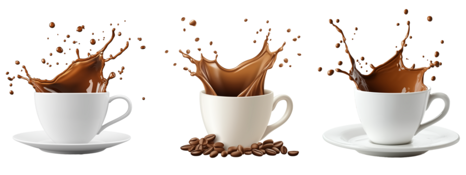 Cup of coffee splashing on transparent background