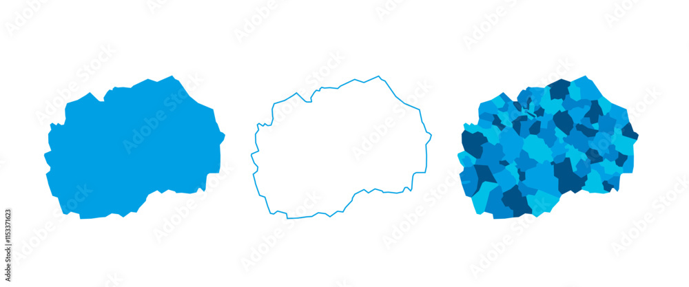 Poster north macedonia set of three maps - solid map, outline map and map highlighting administrative divis