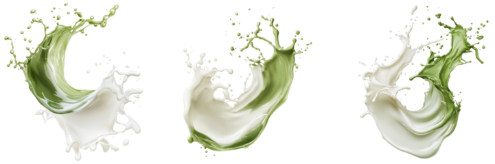 matcha green tea mixed with milk splashing, isolate on transparent background