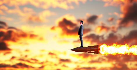 Generated ImageStartup and success. A businessman flying fast and up high on a rocket into the sky. Business progress, moving forward, success, achievement, and challenge