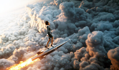 Startup and success. A businesswoman flying fast and up high on a rocket into the sky. Business progress, moving forward, success, achievement, and challenge