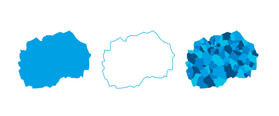 North Macedonia set of three maps - solid map, outline map and map highlighting administrative divisions. Three distinct maps illustrate various representations of a geographical area.