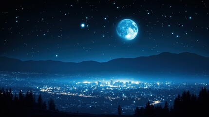 Urban Vista. City skyline night full moon starry sky mountains forest