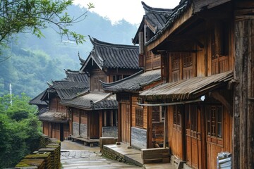 Fototapeta premium Ancient Chinese Village: Rural Wooden Houses and Scenic Mountain Landscape