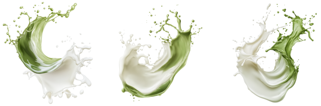 matcha green tea mixed with milk splashing, isolate on transparent background